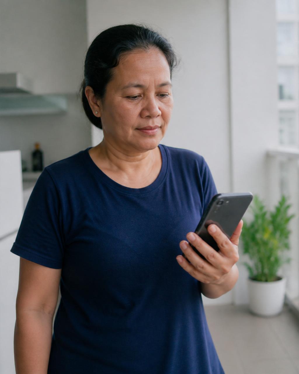 Participante en casa leyendo un check-in del estudio en un smartphone, con luz cálida de ventana.